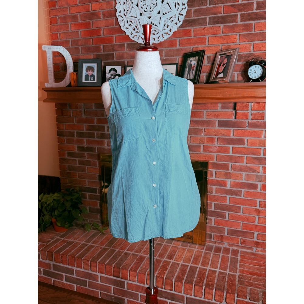 J. Jill Button Down Shirt Womens Turquoise 100% Silk Sleeveless Small